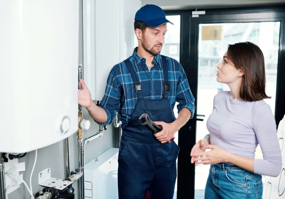 hvac contractor explaining to client how her boiler works